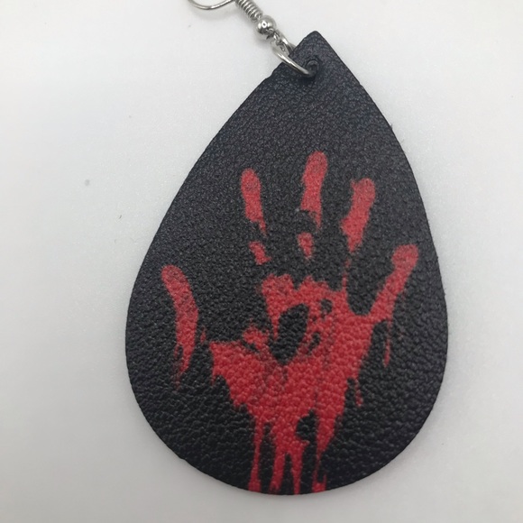 Bloody Handprint Vegan Leather Teardrop Earrings - Picture 4 of 4